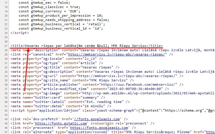 Meta Title piemērs kodā
