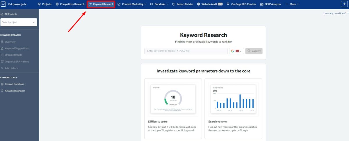 Uzspiediet uz Keyword Research pogas.