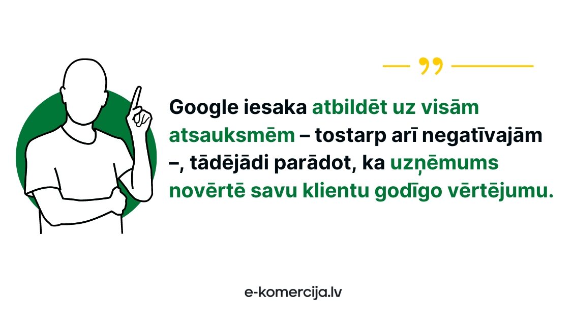 Lai veicinātu klientu uzticamīu ir svarīgi saņemt klientu atsauksmes, google tostarp iesaka atbildēt arī uz negatīvām atsauksmēs, tas parādīs to autentiskumu.